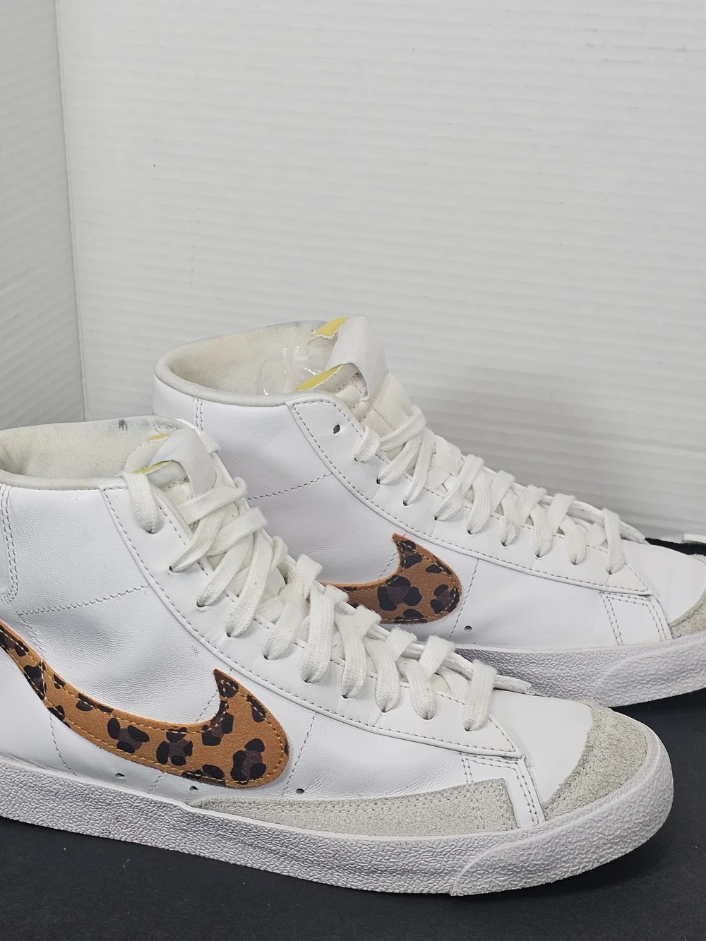 Nike White High-Top Sneaker with Leopard-Print Swoosh Womens Sz 9 White